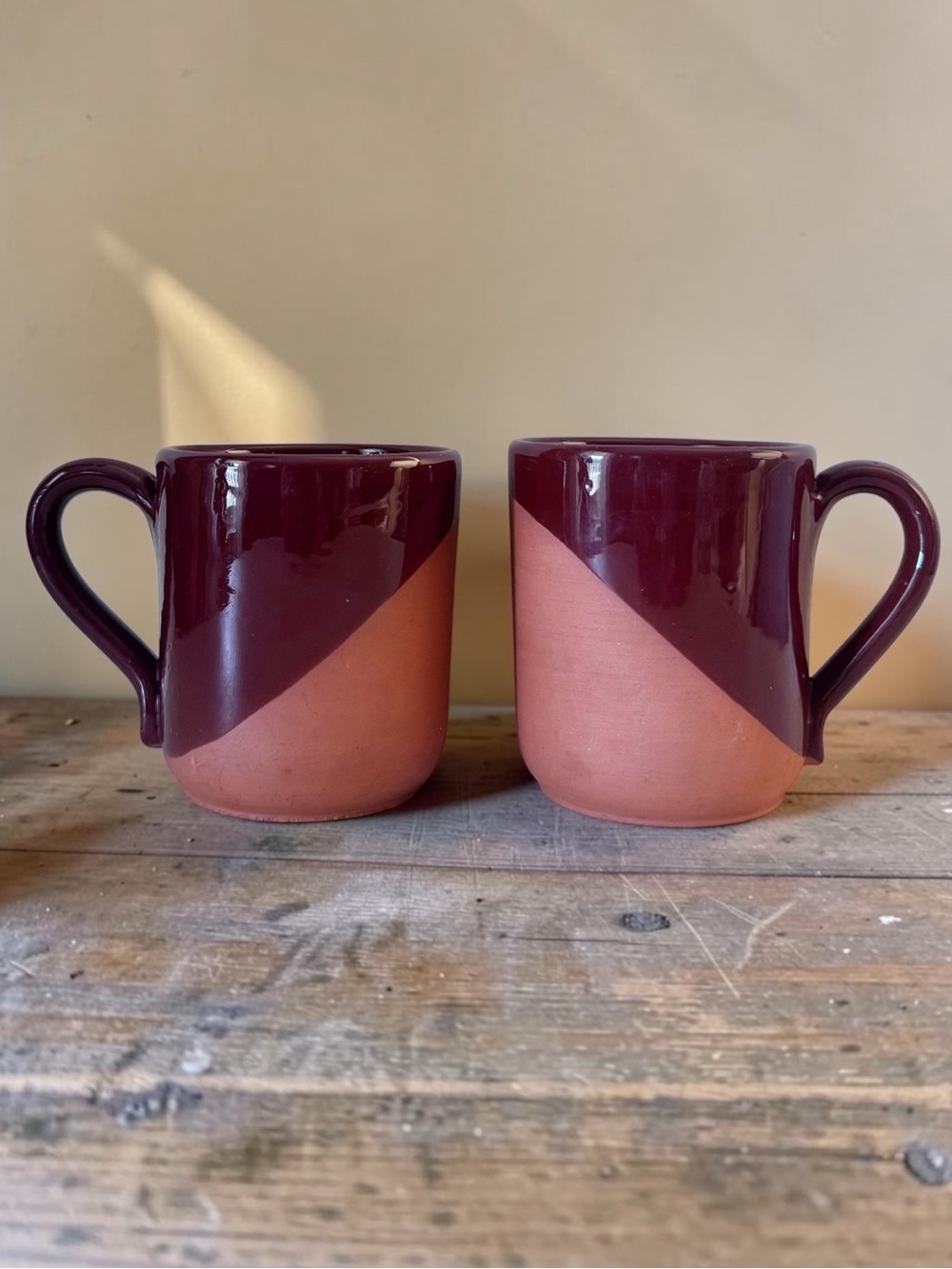 Artisan Boho Half Dipped Burgundy & Terracotta Ceramic Mugs Set of 2 Handmade